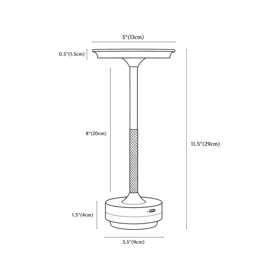 Clérachic table lamp dimension drawing, Drawing, every measurement marked in centimetres and inches.