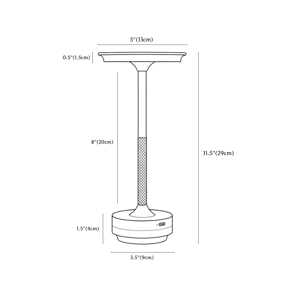Clérachic table lamp dimension drawing, Drawing, every measurement marked in centimetres and inches.