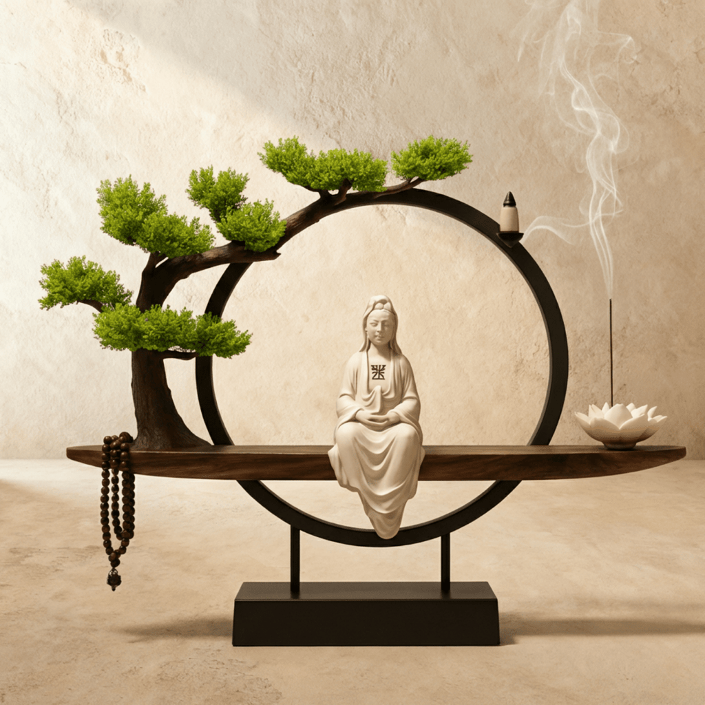 Clérachic incense-burner lamp with a seated white Guanyin figure, bonsai tree and prayer beads on a wood base.