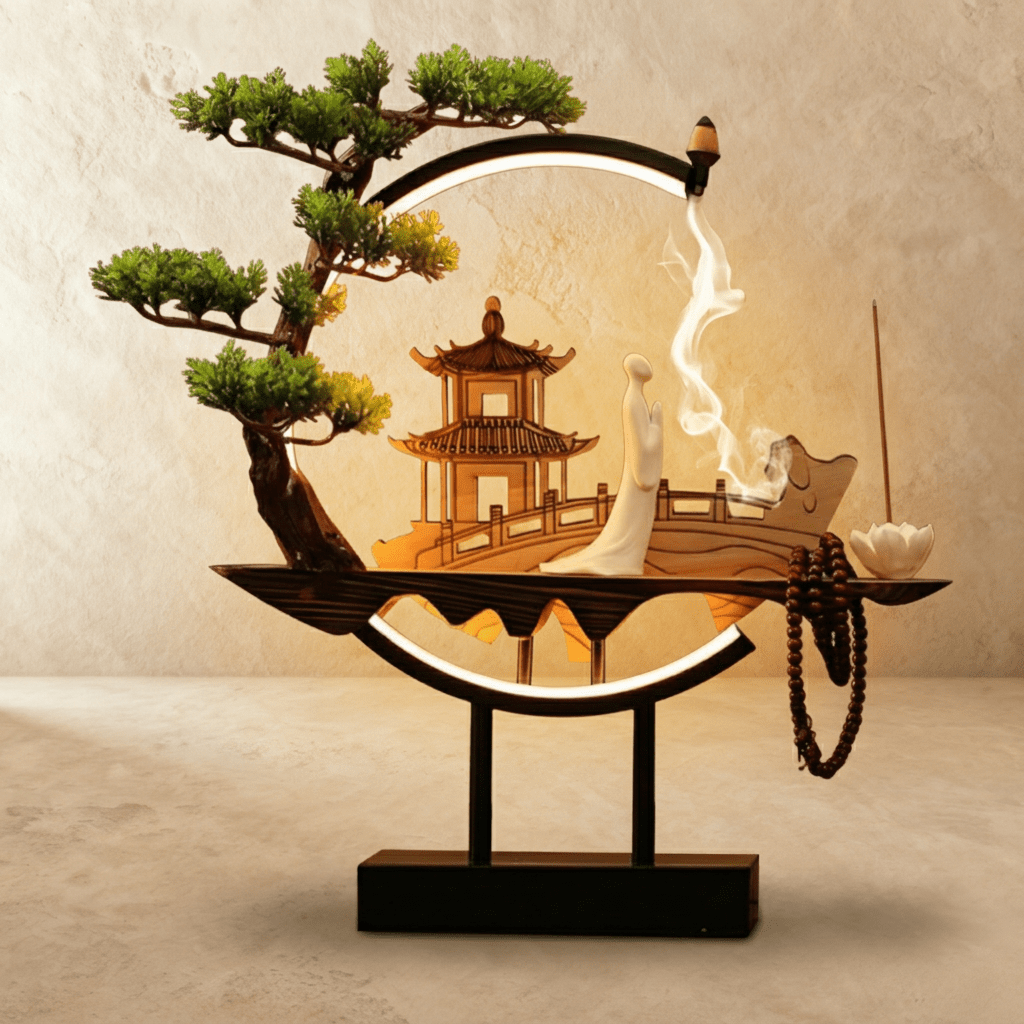 Clérachic incense-burner lamp lit warm, a standing white figure before a pagoda inside the glowing ring.