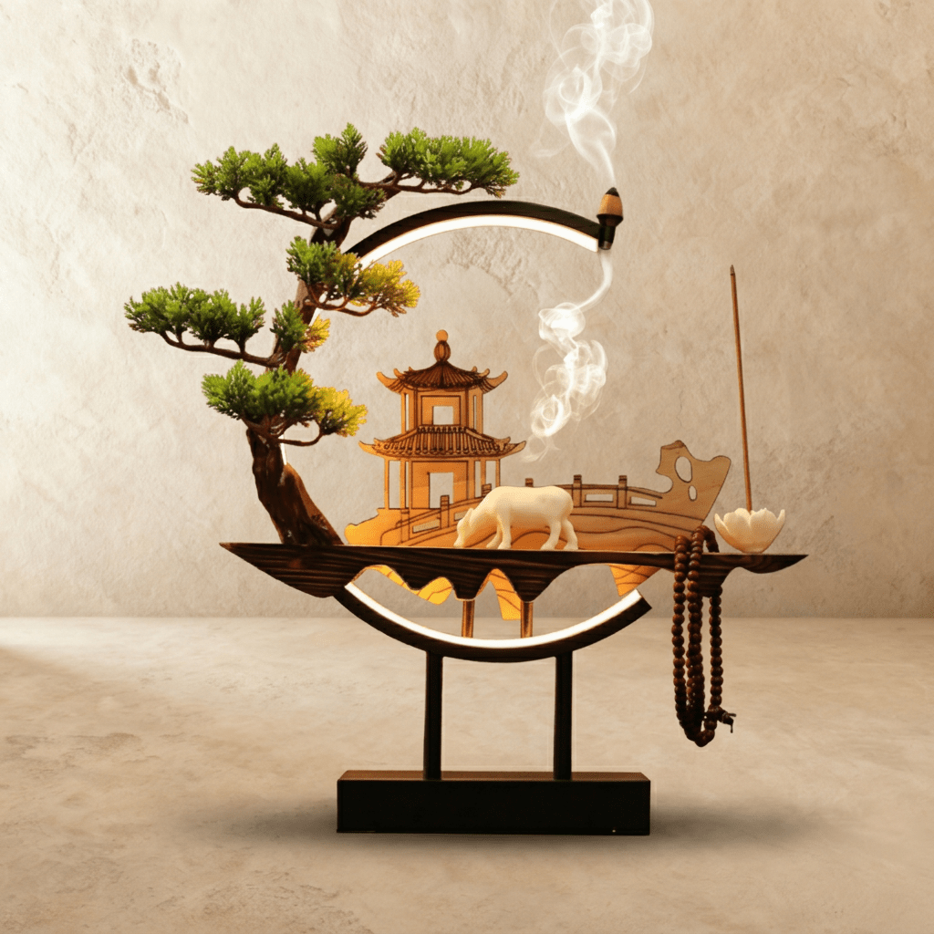 Clérachic incense-burner lamp unlit, a white ox figure standing before a pagoda inside the black ring.