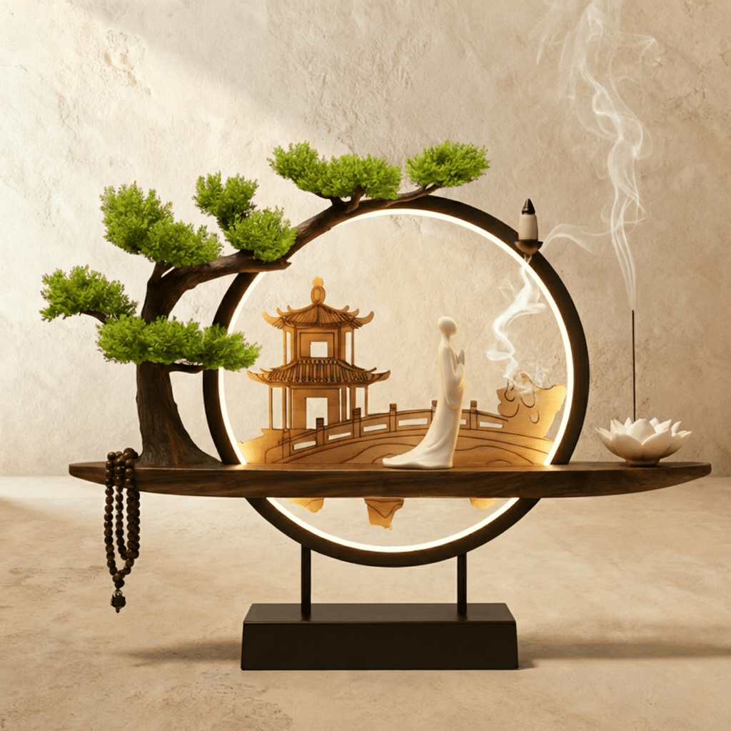 Clérachic incense-burner lamp lit warm, a standing white figure and pagoda with prayer beads on both sides.