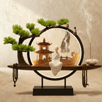 Clérachic incense-burner lamp lit warm, incense smoke curling above a standing white figure and pagoda.