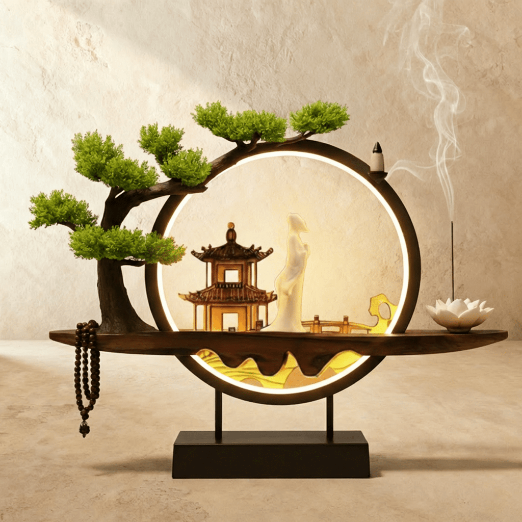Clérachic incense-burner lamp lit warm, a standing white figure beside a bronze incense bowl and pagoda.