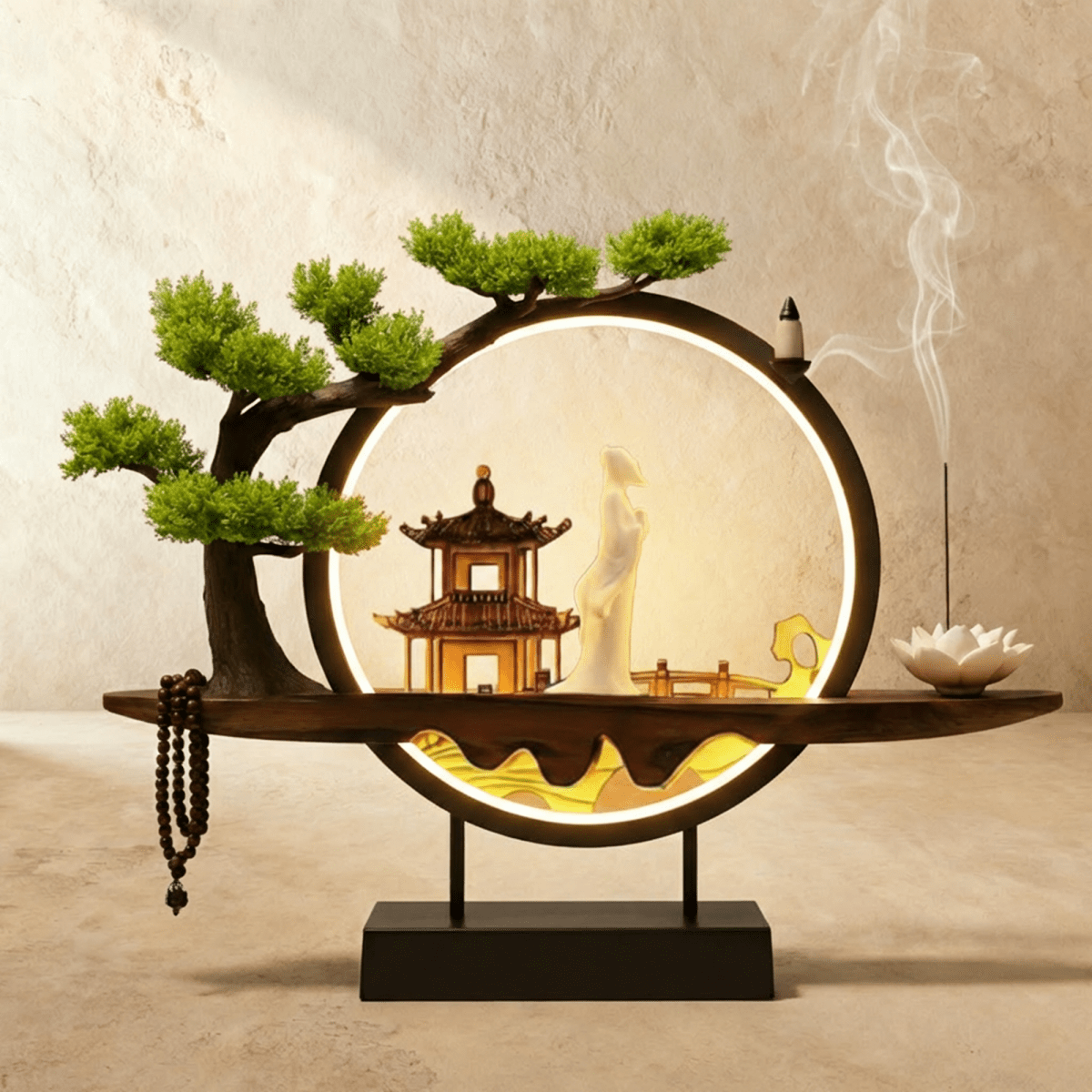 Clérachic incense-burner lamp lit warm, a standing white figure beside a bronze incense bowl and pagoda.