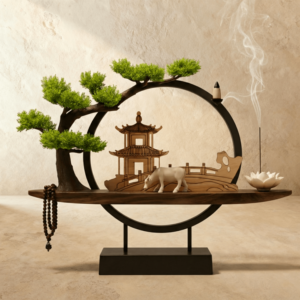 Clérachic incense-burner lamp unlit, a white ox figure grazing before a pagoda on the wood shelf.
