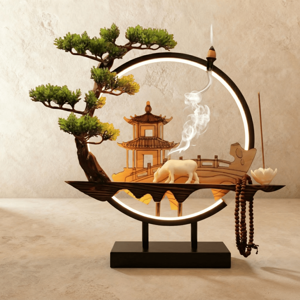 Clérachic incense-burner lamp lit warm, a white ox figure before a glowing pagoda inside the ring.
