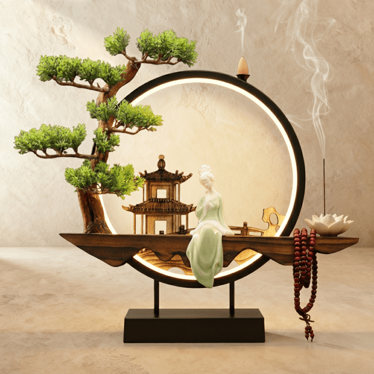 Clérachic incense-burner lamp lit warm, a seated jade-green Guanyin figure glowing softly within the ring.