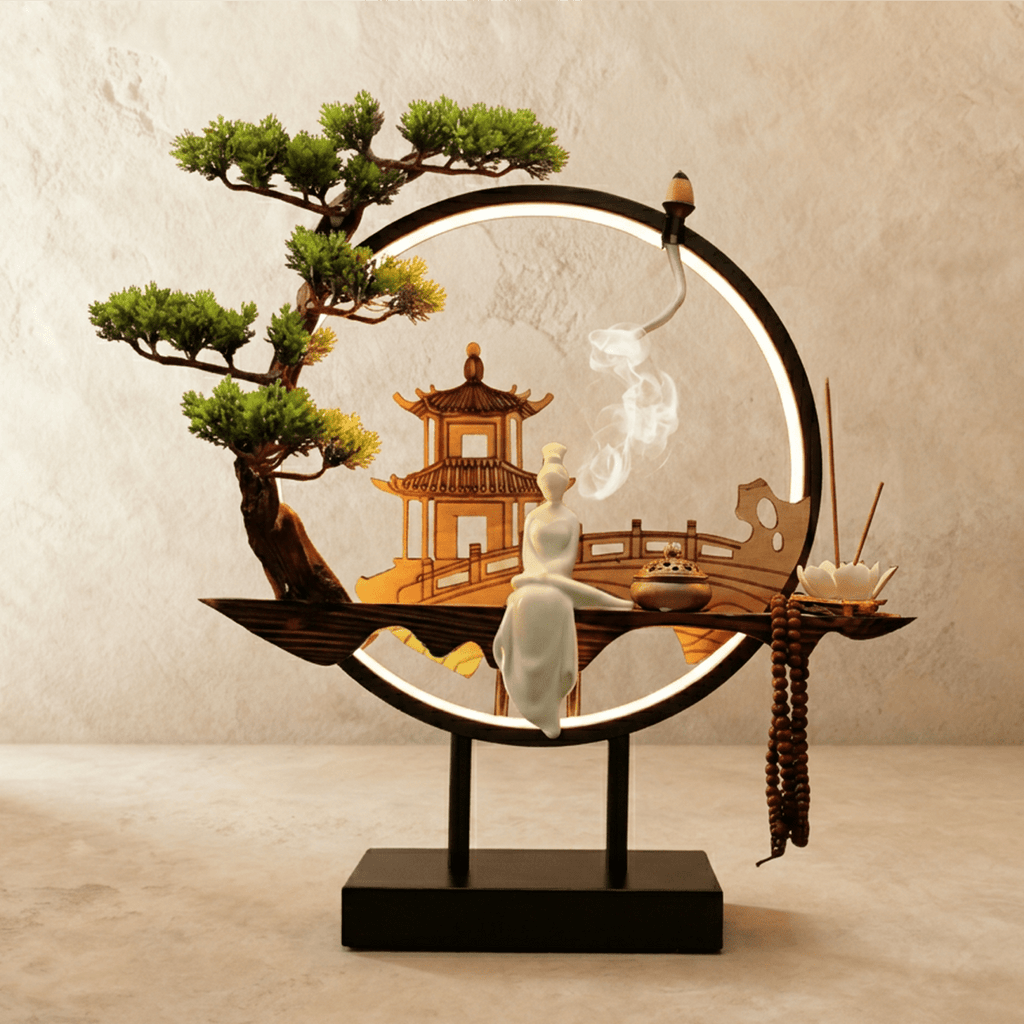 Clérachic incense-burner lamp lit warm, a standing white figure with incense sticks beside the pagoda scene.