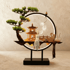 Clérachic incense-burner lamp lit warm, a standing white figure with incense sticks beside the pagoda scene.