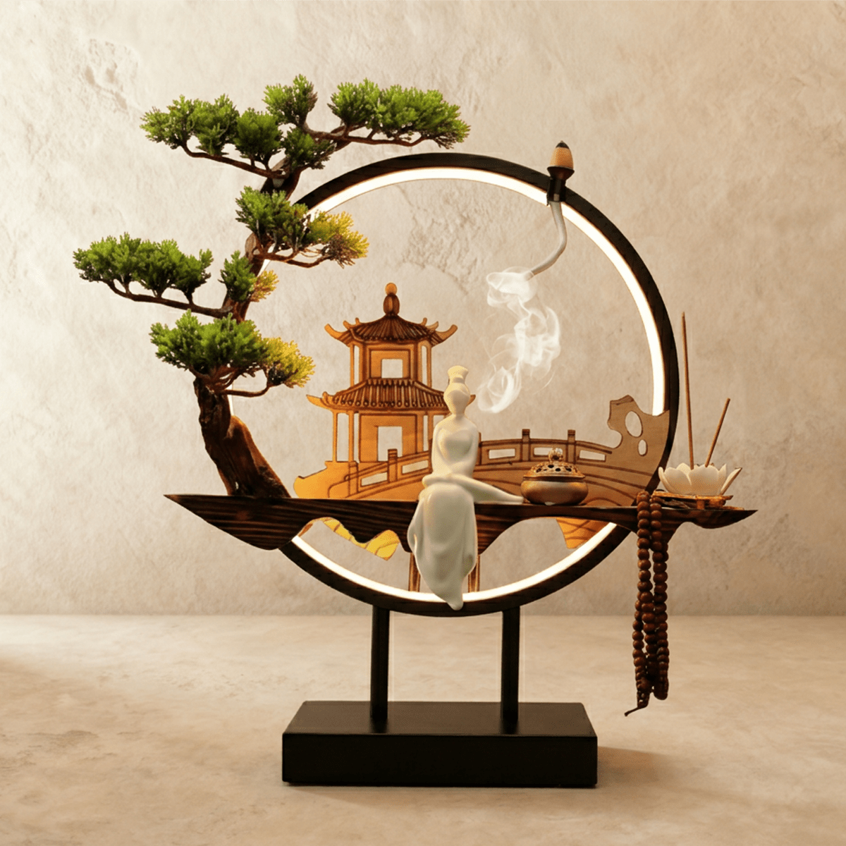 Clérachic incense-burner lamp lit warm, a standing white figure with incense sticks beside the pagoda scene.