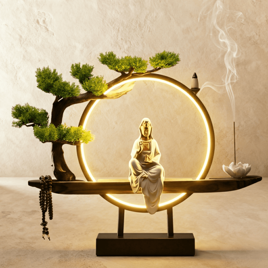 Clérachic incense-burner lamp lit bright gold, a seated white Guanyin figure glowing against a plain backdrop.