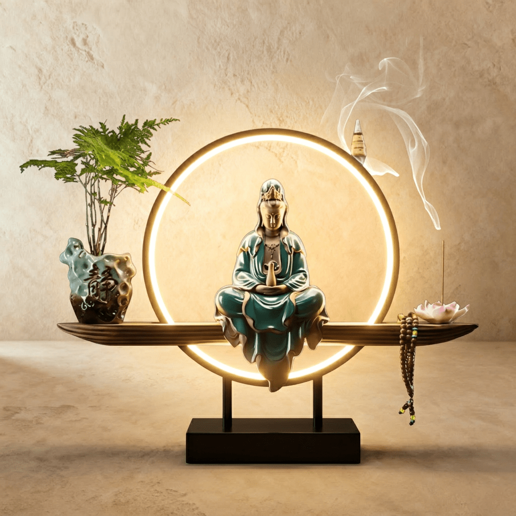 Clérachic incense-burner lamp lit warm, an ornate bronze-teal Guanyin figure beside a potted fern and vase.