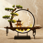 Clérachic incense-burner lamp lit warm, a white deer figure standing before a pagoda inside the ring.