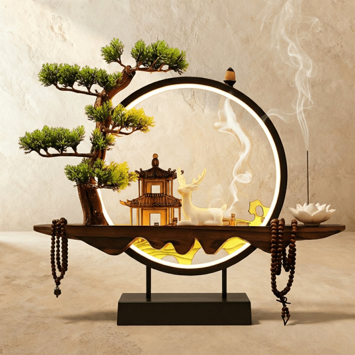 Clérachic incense-burner lamp lit warm, a white deer figure standing before a pagoda inside the ring.