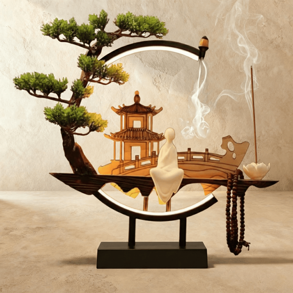 Clérachic incense-burner lamp, a standing white figure beside a pagoda inside a ring glowing at its base.