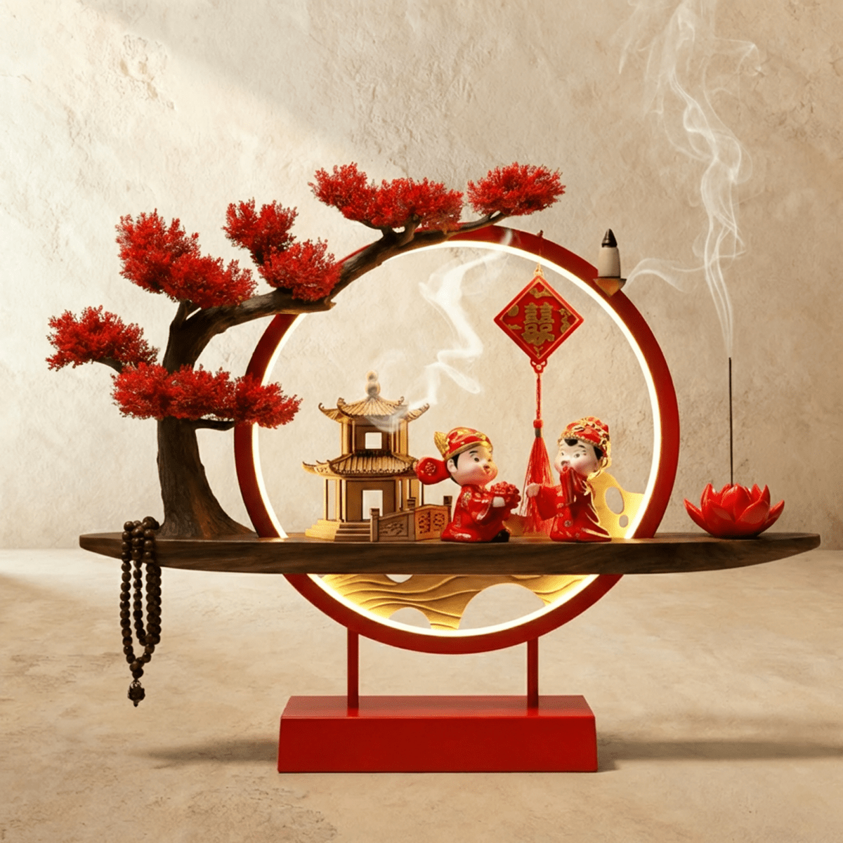 Clérachic incense-burner lamp in red, two figures in festive dress beneath a red tree and glowing red ring.
