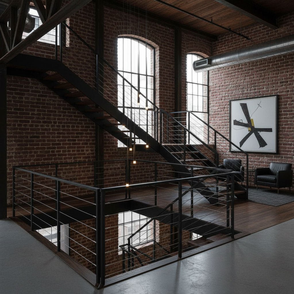 Black tapered pendants hang down through an industrial stairwell with exposed brick, steel stair rails and an arched window, a Clérachic pendant.