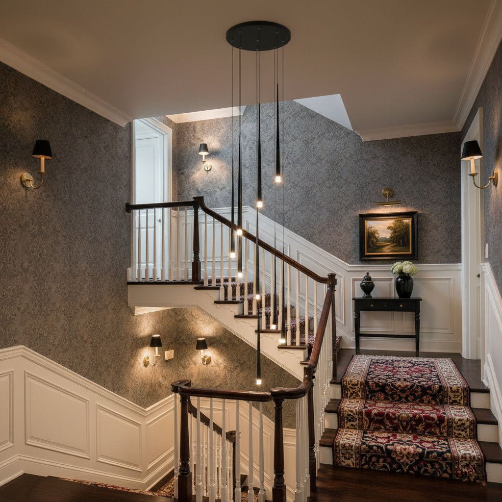 Clérachic pendant cluster from a round black canopy, dropping beside a traditional staircase with dark banister, patterned runner and wall lights.