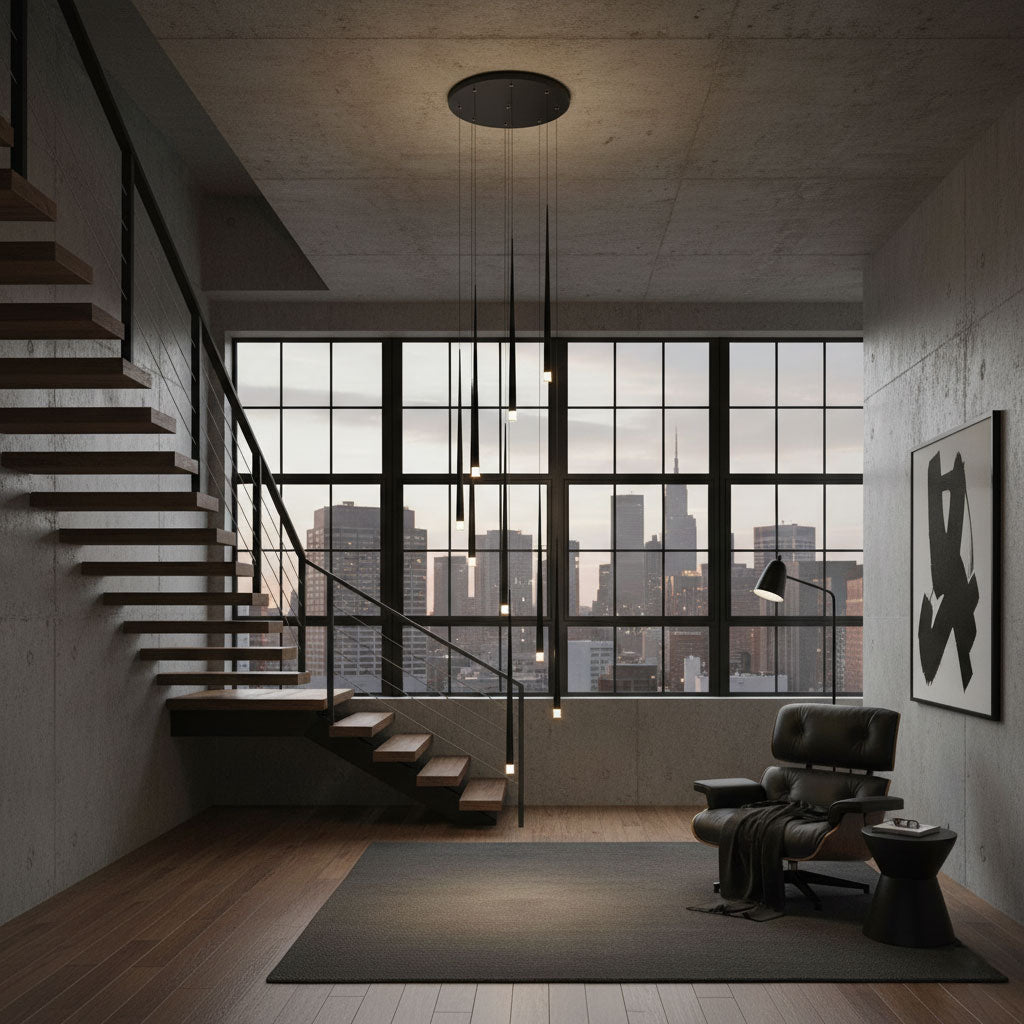 A round-canopy cluster of fine black pendants hangs by a floating concrete staircase and a city-view window, a Clérachic pendant.