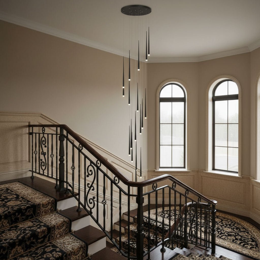 Long black pendants fall past a scrolled wrought-iron stair rail and arched windows in a cream stairwell, a Clérachic pendant.