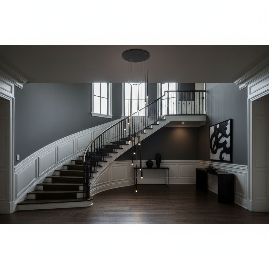 Wide hallway with a curved white-panelled staircase and a small black-canopy Clérachic pendant cluster hanging in the centre.