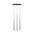 Three black tapered pendants hang from a slim rectangular black canopy, on a white background, a Clérachic pendant.