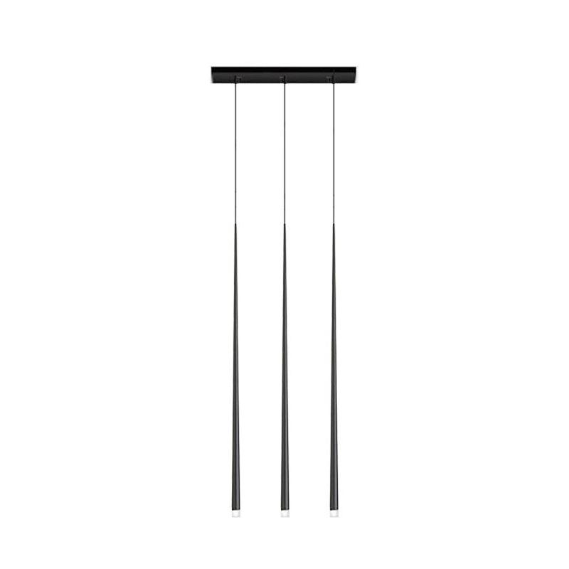 Three black tapered pendants hang from a slim rectangular black canopy, on a white background, a Clérachic pendant.