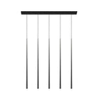 Five black tapered pendants hang evenly from a long black bar canopy against white, a Clérachic pendant.