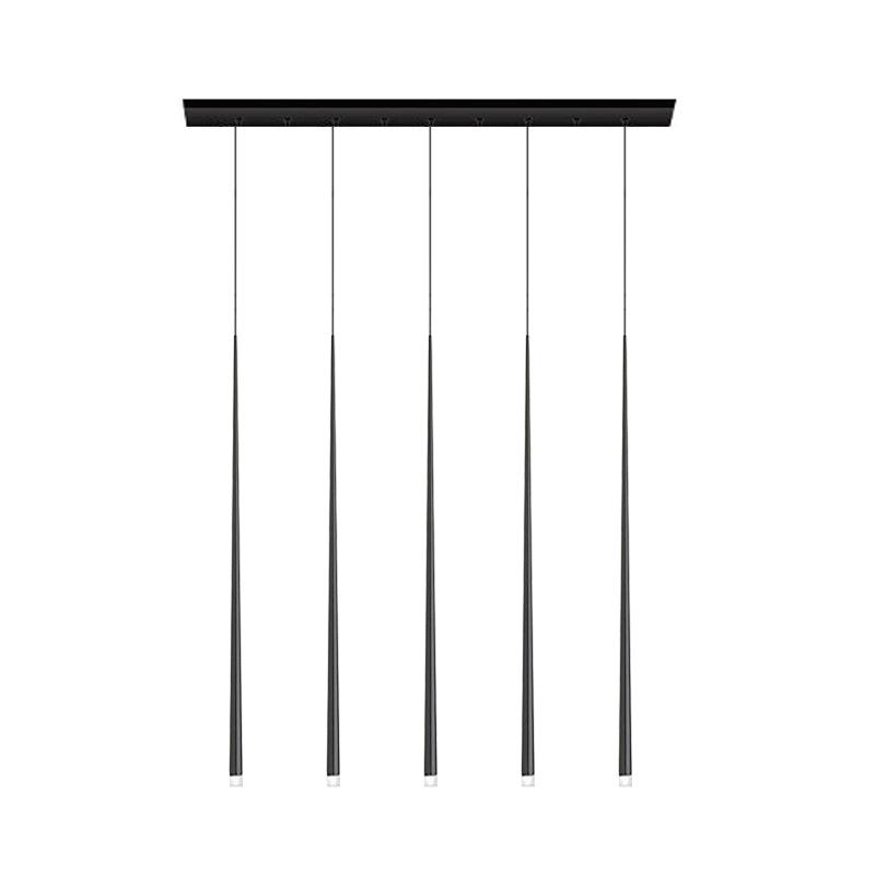 Five black tapered pendants hang evenly from a long black bar canopy against white, a Clérachic pendant.