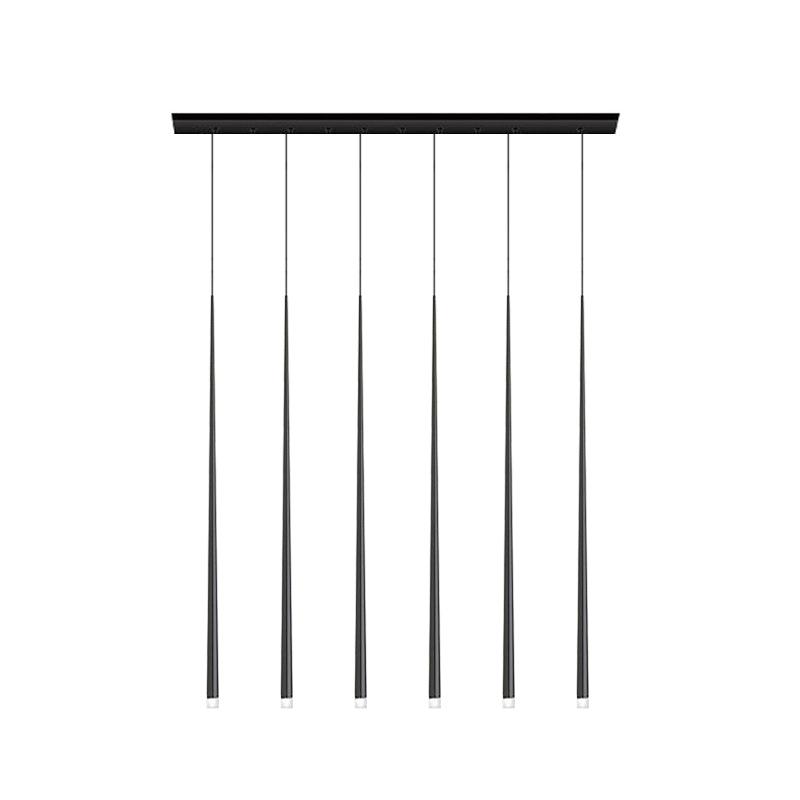 Six black tapered pendants hang in a row from a long black rectangular canopy, shown on white, from Clérachic.