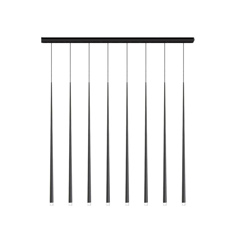 Eight black tapered pendants hang in a line from a long black bar canopy against white, a Clérachic pendant.