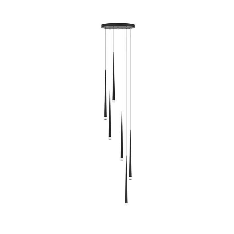 Black tapered pendants drop at staggered heights from a round black canopy, on a plain white background, a Clérachic pendant.