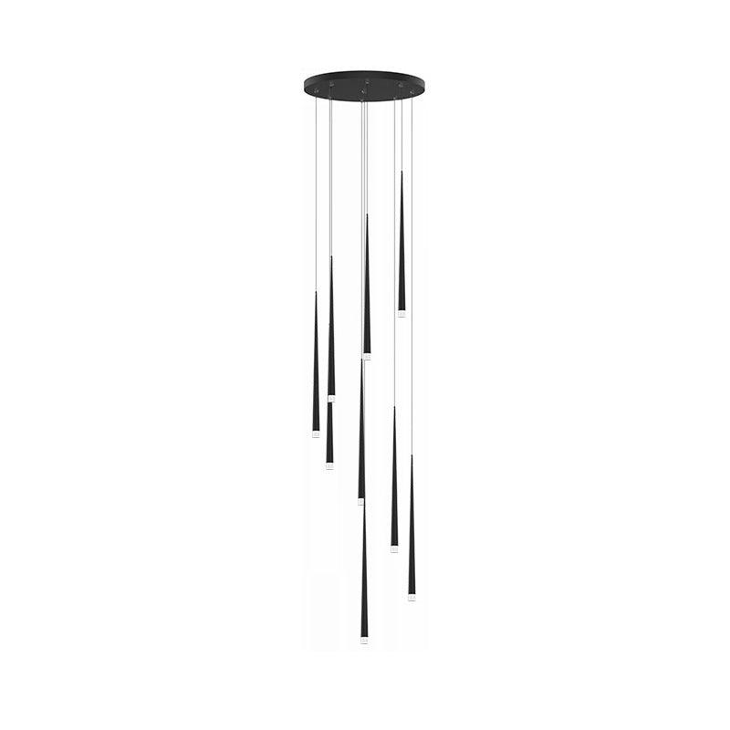 Round black canopy with a spiral of tapered black pendants of differing drops, photographed on white, from Clérachic.