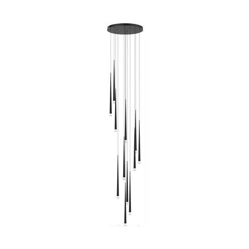 A fuller spiral of black tapered pendants hangs from a round black canopy against white, a Clérachic pendant.