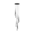 A fuller spiral of black tapered pendants hangs from a round black canopy against white, a Clérachic pendant.