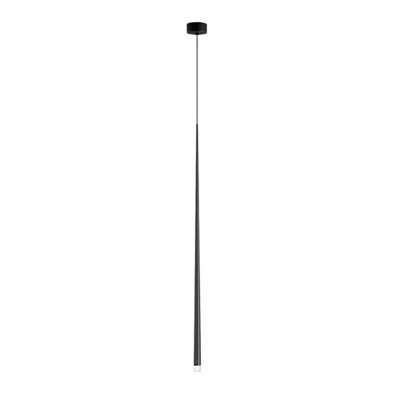One long black tapered pendant on a single thin cord from a small round black canopy, white backdrop, from Clérachic.