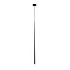 One long black tapered pendant on a single thin cord from a small round black canopy, white backdrop, from Clérachic.