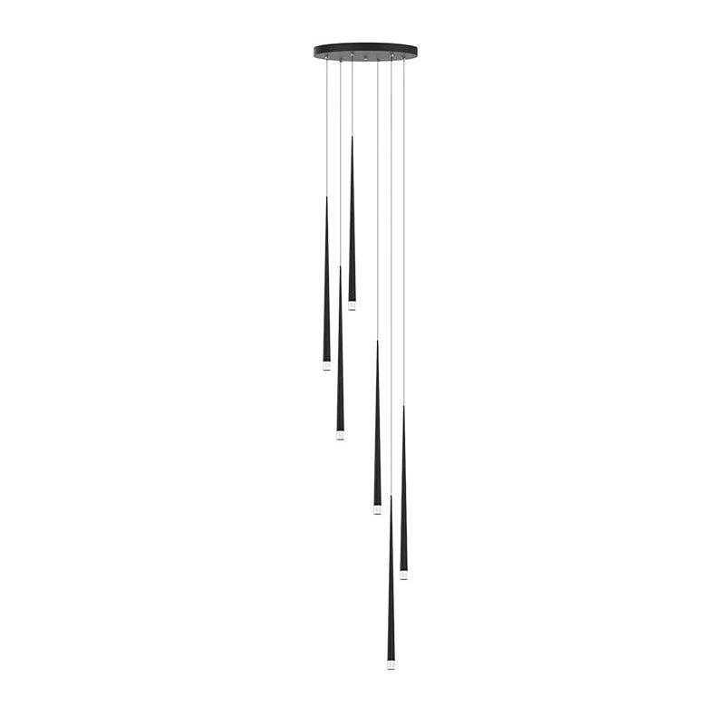Round black canopy with a sparse cluster of black cone pendants at uneven heights on a white ground, a Clérachic pendant.