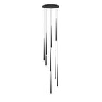 Tall spiral of black tapered pendants hanging from a round black canopy against a white background, from Clérachic.
