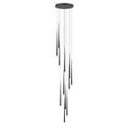 Many black cone pendants fall from a round canopy in an uneven cascade, shown on white, a Clérachic pendant.