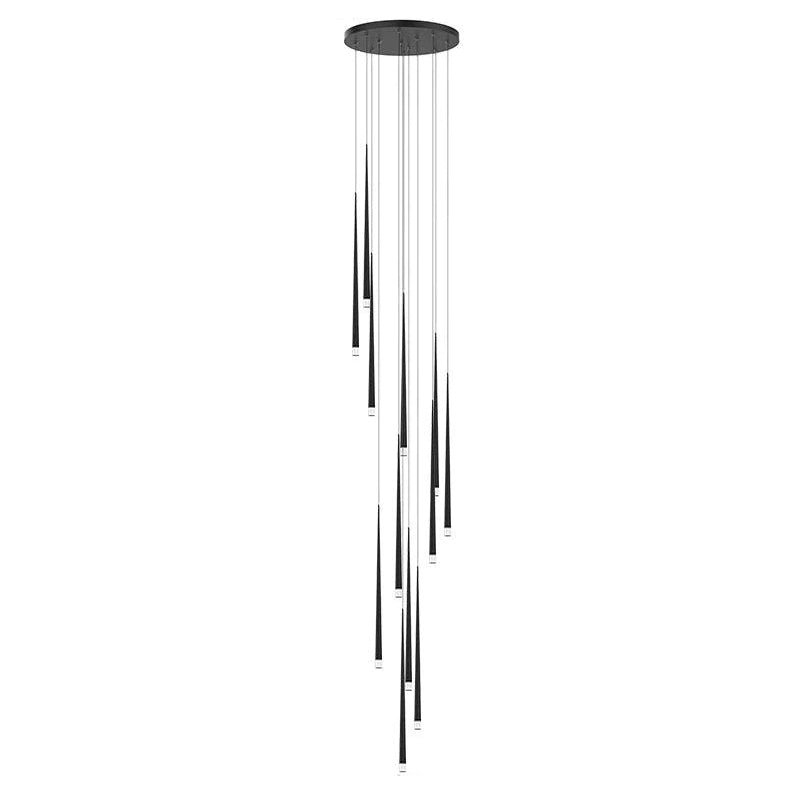 Many black cone pendants fall from a round canopy in an uneven cascade, shown on white, a Clérachic pendant.