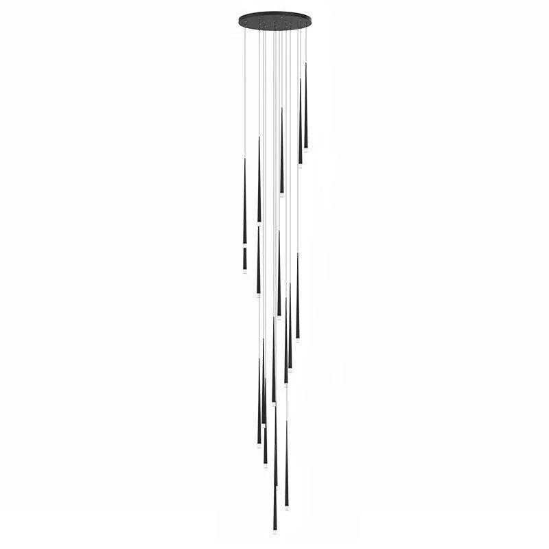 Full round-canopy cluster of black cone pendants stretching long below the canopy, on a white background, a Clérachic pendant.