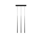 Three black tapered pendants with fine cords hang from a slim rectangular canopy, white background, from Clérachic.