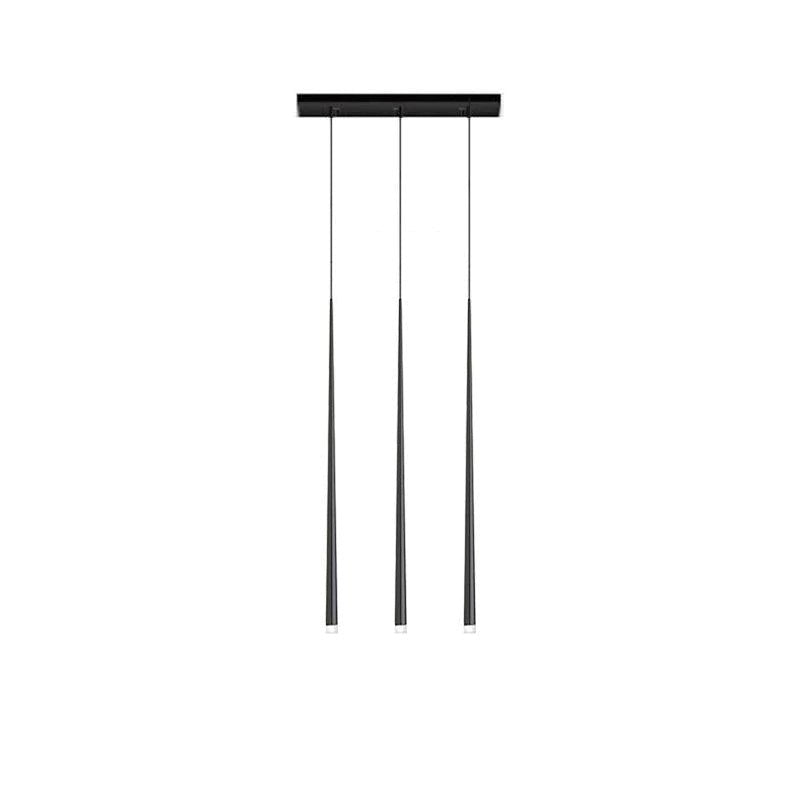 Three black tapered pendants with fine cords hang from a slim rectangular canopy, white background, from Clérachic.