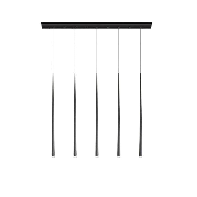 Five black cone pendants evenly spaced beneath a long bar canopy on white, a Clérachic pendant.