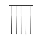 Five black cone pendants evenly spaced beneath a long bar canopy on white, a Clérachic pendant.