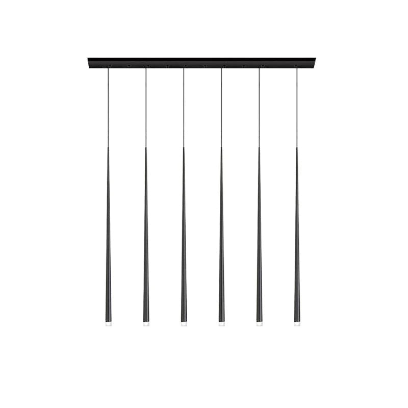 Six black tapered pendants side by side under a long rectangular canopy, white background, from Clérachic.