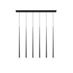 Six black tapered pendants side by side under a long rectangular canopy, white background, from Clérachic.