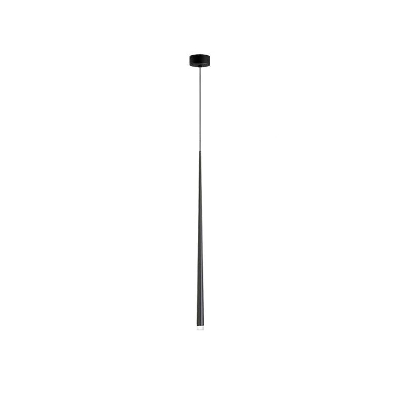 Single black tapered pendant hanging from a small round black canopy on a white background, from Clérachic.